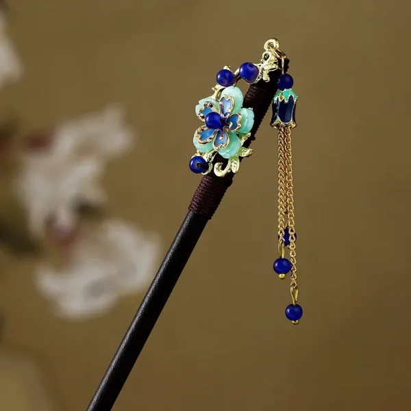 flor turquesa kanzashi de madera