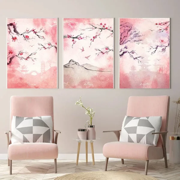 Pintura tríptico de flor de cerezo japonesa