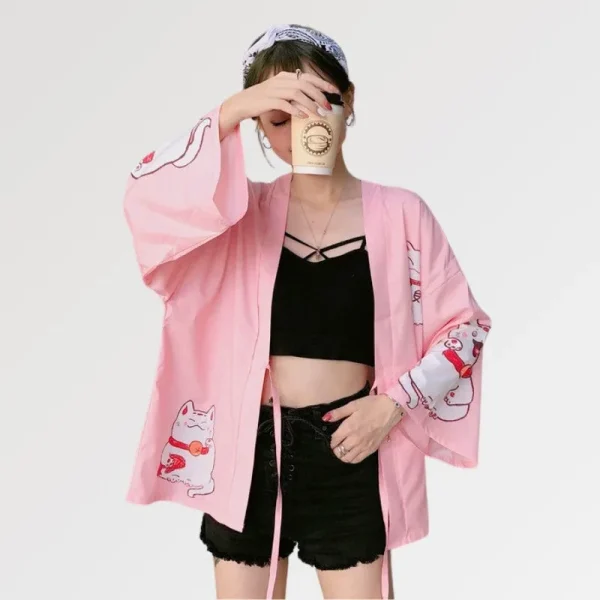 chaqueta tipo kimono de mujer rosa maneki neko