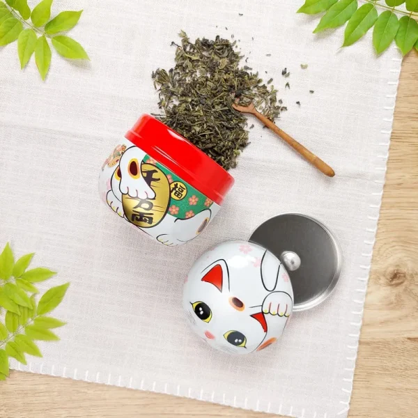 caja de té Maneki Neko metálica blanca