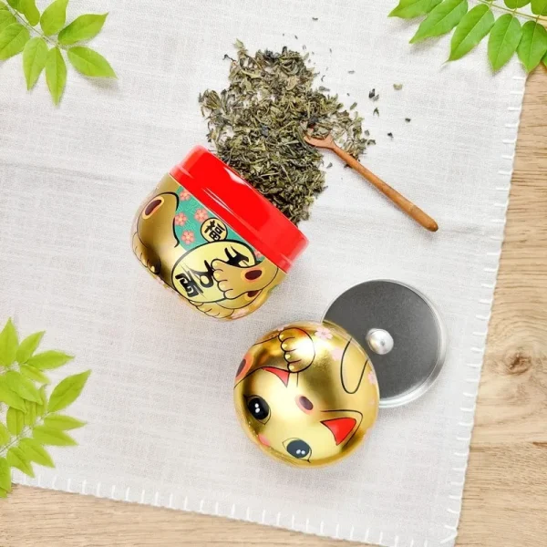 caja de té de metal Maneki Neko dorada
