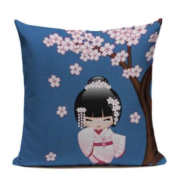 funda de cojín de geisha japonesa azul