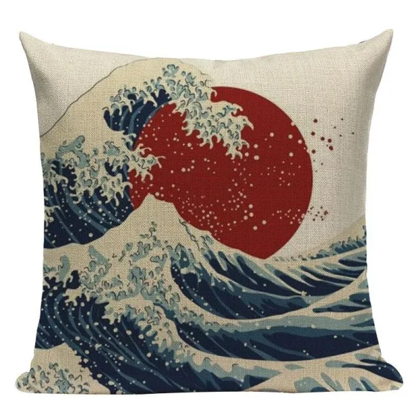 funda de cojín con estampado de sol y olas japonesas