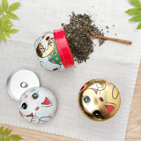 juego de 2 cajas de té de metal Maneki Neko