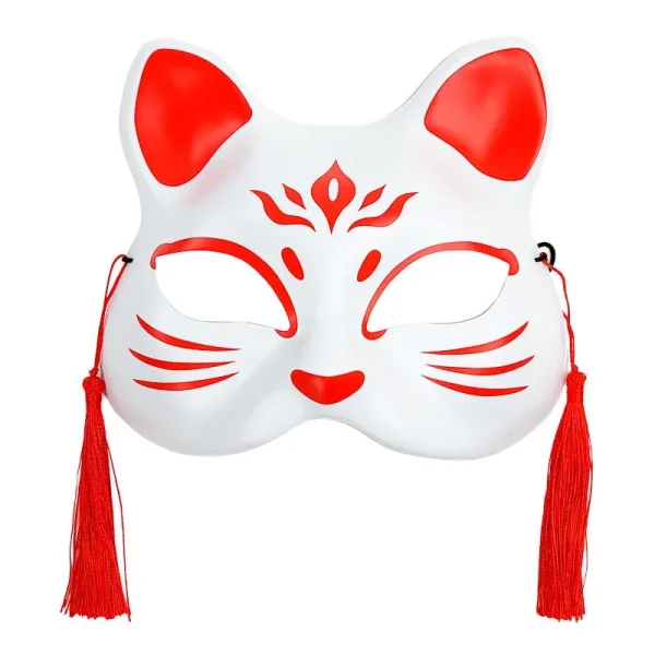 máscara japonesa de gato en colores blanco y rojo