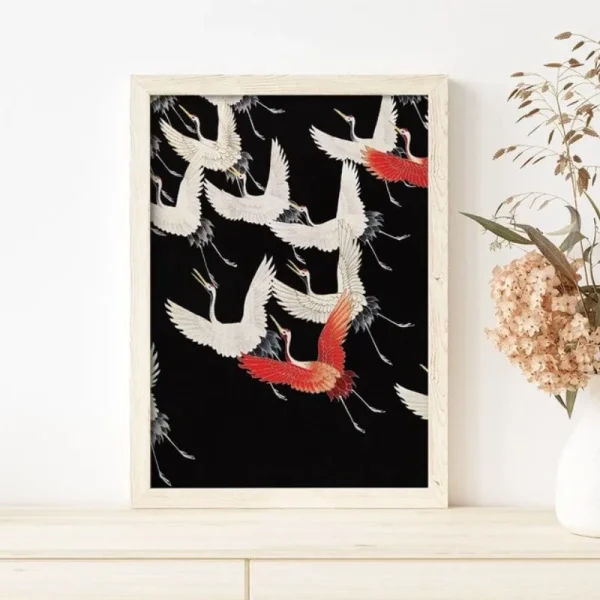 pintura japonesa de grullas en vuelo